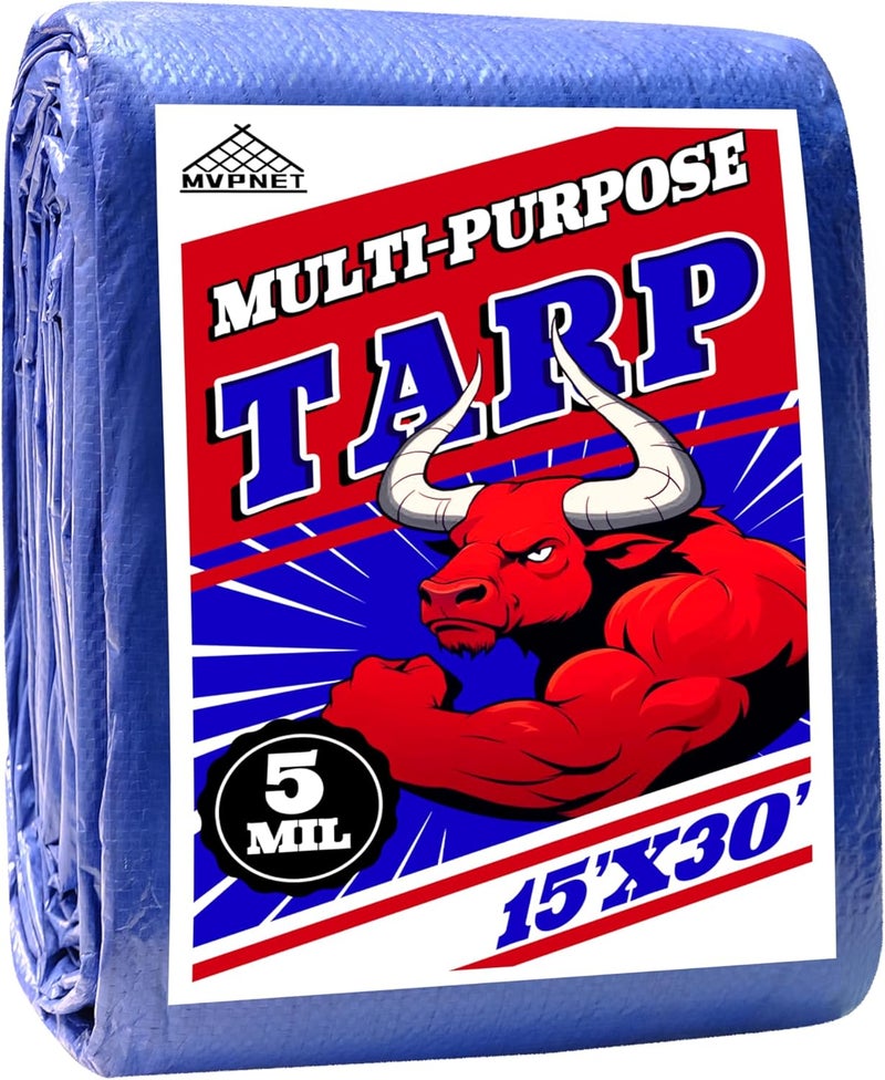 MVPNET Tarp 15x30 ft 100% Waterproof Uv Resistant High Durability Multipurpose 5mil Blue Tarp for Covering Courtyards, Cars, Camping, Gardens, Pet Nests -by - Image 1